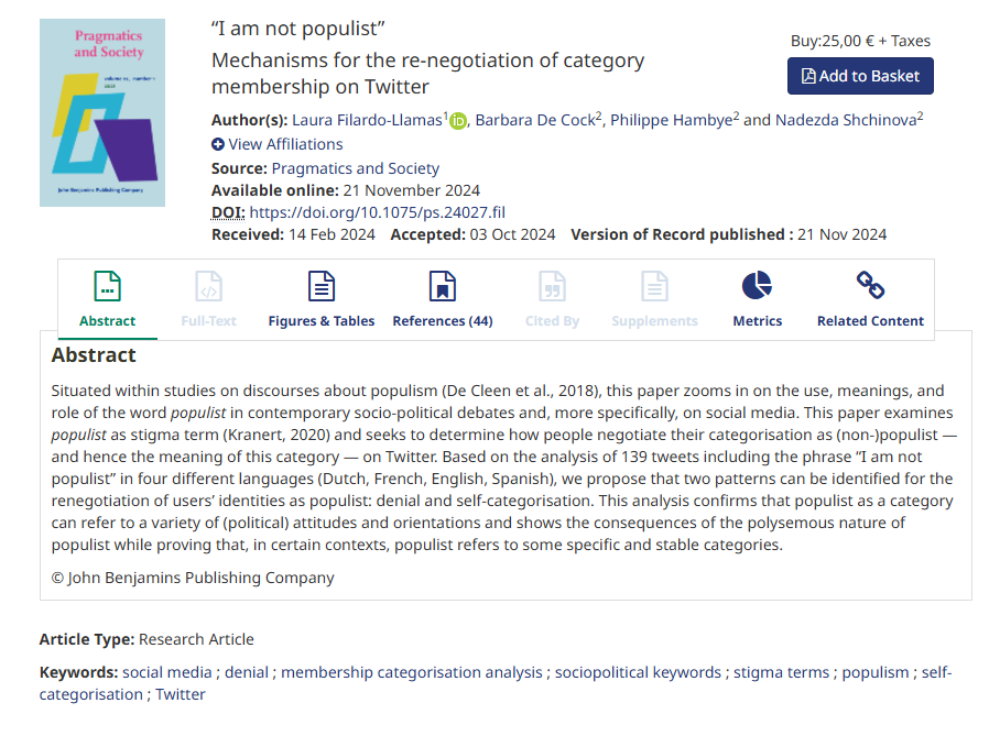 Laura Filardo-Llamas (@laurafilardo) on Twitter photo 🥁It is #PublicationDay!!
With <a href="/BarbaraDeCock/">Barbara De Cock</a>, P. Hambye & N. Shchinova
Happy to see this article about the use of "I am not populist" on social media.
We study negation + stigma terms by applying Membership Categorisation Analysis (#MCA) 1/3
bit.ly/496G2vB 🥁It is #PublicationDay!!
With <a href="/BarbaraDeCock/">Barbara De Cock</a>, P. Hambye & N. Shchinova
Happy to see this article about the use of "I am not populist" on social media.
We study negation + stigma terms by applying Membership Categorisation Analysis (#MCA) 1/3
bit.ly/496G2vB