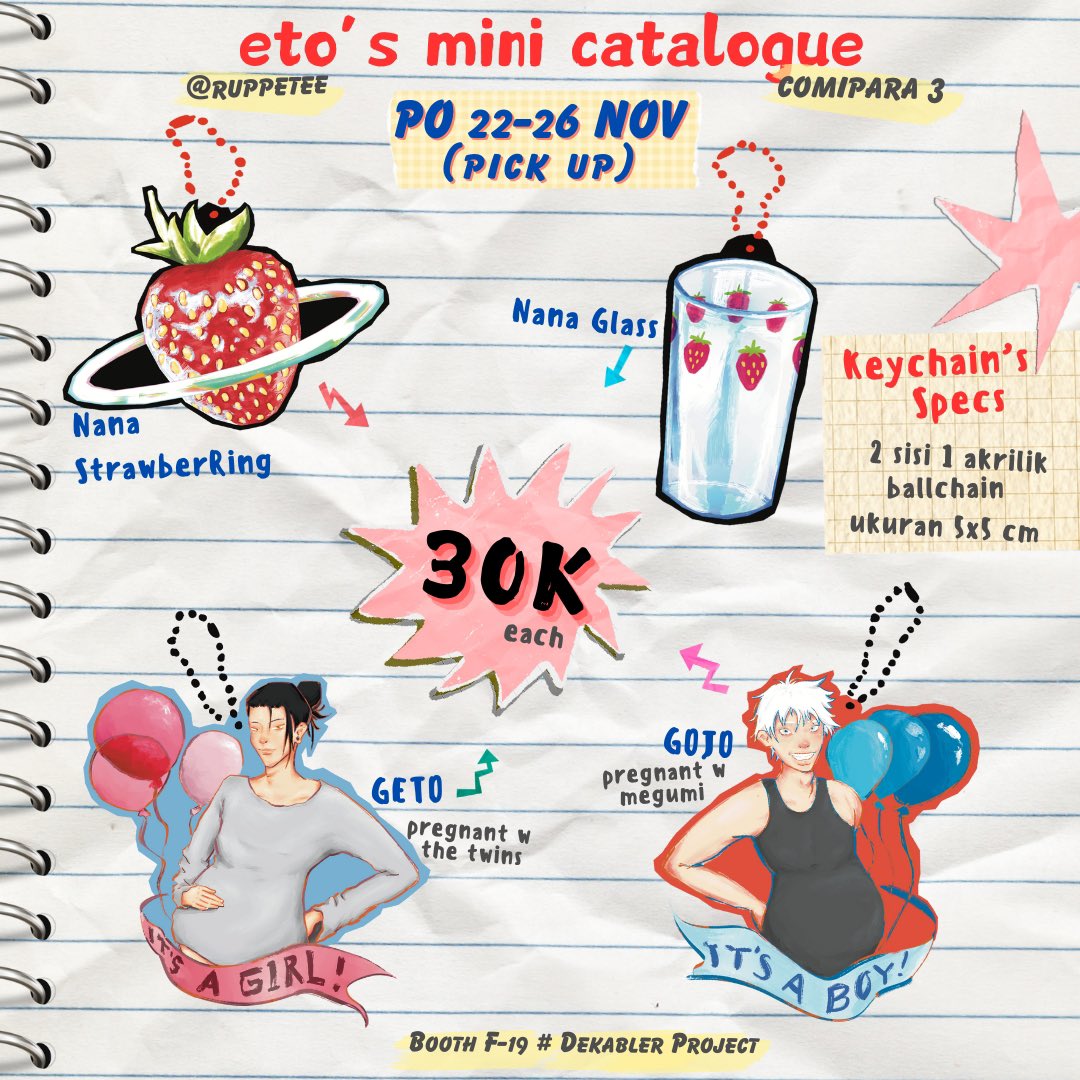 ( rts and likes are very much appreciated!<3 )

— eto's mini catalogue for #comipara3 🍎🍏
( quick pre-order )

📍 Booth F-19 - Dekabler Project
🗓️ Preorder 22 Nov - 26 Nov
📦 Pick up on the spot only
🖇️ Link for PO: forms.gle/tB2Z9bu7LprrUi…

#comipara3 #NANA #ナナ #JJK #呪術廻戦
