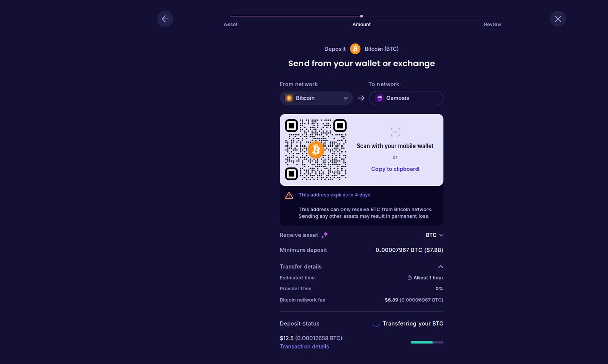 Osmonauts! Very soon, you'll be able to directly deposit #Bitcoin into <a href="/osmosiszone/">Osmosis 🧪</a> and withdraw it straight to your wallet or CEX address.