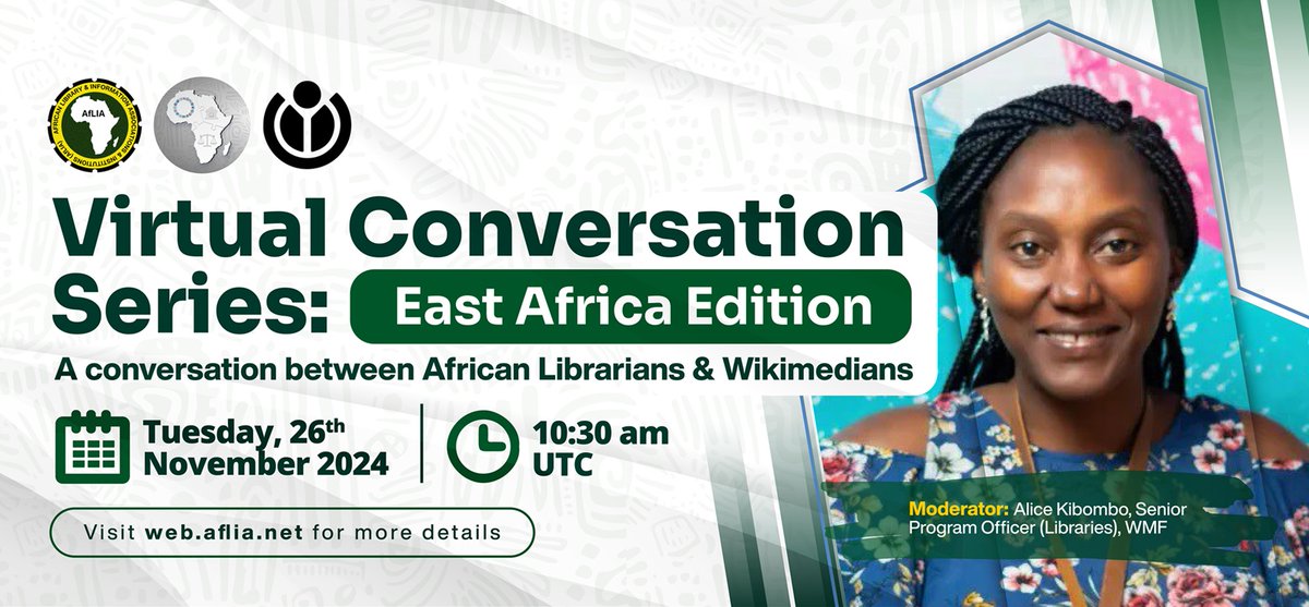 Calling all East African #Wikimedians and #Library Professionals to join our Virtual Conversations (East Africa Edition)
Date: ​T​u​e​sday, ​26th November 2024
Time: 10:30 AM GMT
Moderator: Alice Kibombo, Senior Program Officer (Libraries), #WMF
Register: us02web.zoom.us/webinar/regist…