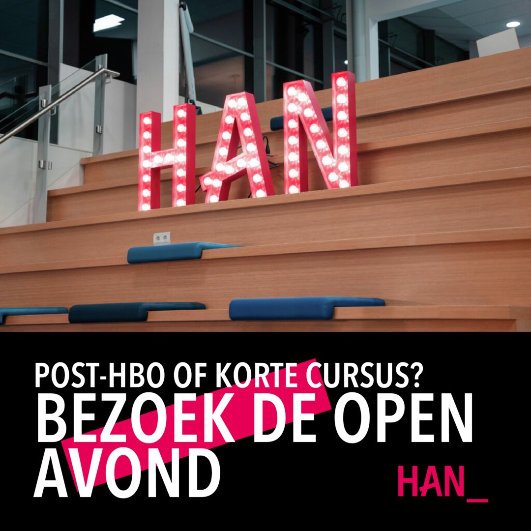 💡 Ontdek het aanbod tijdens de Open Avond op 𝟮𝟳 𝗻𝗼𝘃𝗲𝗺𝗯𝗲𝗿! 

Meld je aan voor een van de voorlichtingen of bezoek de informatiemarkt 👇
han.nl/evenementen/op…

#openavond #cursus #HBO #openupnewhorizons #Arnhem #Nijmegen #online