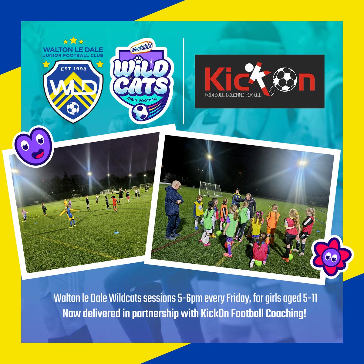 wldjfc's tweet image. There's no better way to warm up on a wintery Friday evening, than with our Walton le Dale Wildcats sessions, in association with @kick_on_football
Designed for girls aged 5-11, there'll be tons of football fun from 5-6pm today at Withy Grove Sports Centre. See you there! 💛⚽😽