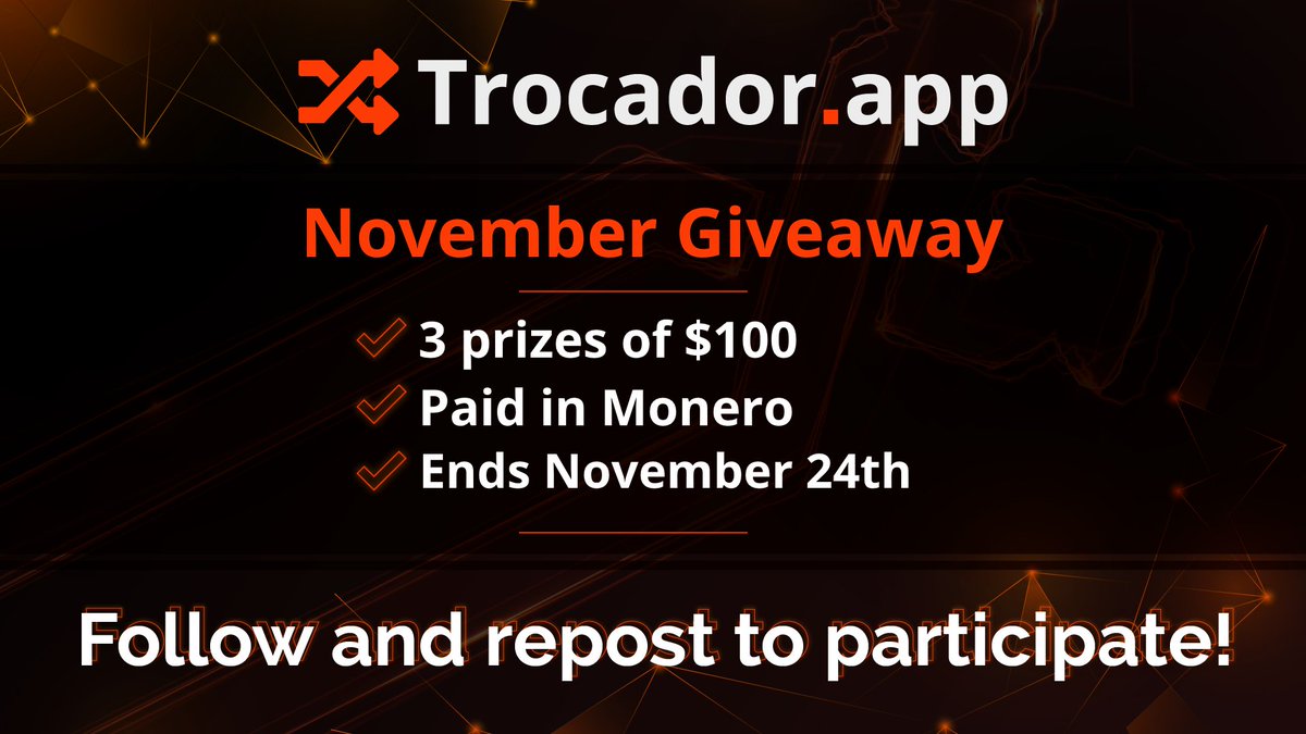 Trocador.app's November Giveaway 🎁

Let's celebrate the Bull Market! 🐂

Rules:  
- 3 prizes of $100 in XMR 💰
- Like and Repost 👍
- Follow <a href="/TrocadorApp/">TrocadorApp</a> ✅
- Ends November 24th⏲️

Good luck everyone!🍀