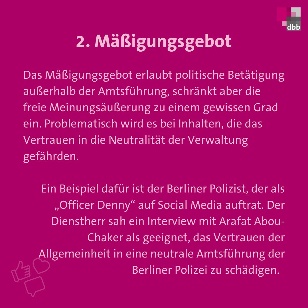 dbb_news's tweet photo. 📲 Was müssen Beamtinnen und Beamte bei der Nutzung von Social Media beachten? Hier sind drei wichtige Aspekte der Treuepflicht, die es beim Posten, Liken und Teilen zu beachten gilt.
#SocialMedia #Beamte #ÖffentlicherDienst #Pflichten #Treuepflicht https://t.co/2eplxSxRxO