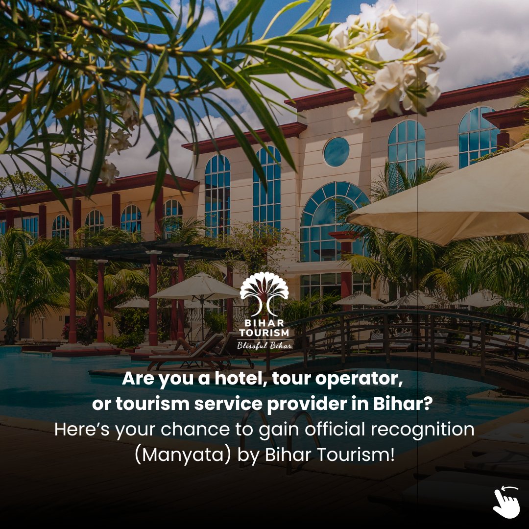 TourismBiharGov's tweet image. Hotels, tour operators, and tourism service providers in Bihar can now apply for official recognition (Manyata) by Bihar Tourism. Gain credibility, enhanced visibility, and attract more tourists through government-endorsed platforms.
#travelagency #touroperator #travel…