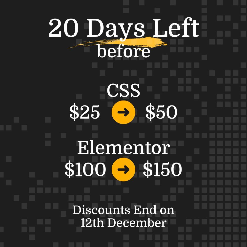 ImranWebsites's tweet image. 20 Days Left before the Discounts End on December 12th,

buff.ly/3ZiIhbY 

#WordPress #CSS #LearnCourses #WebDesign #Elementor