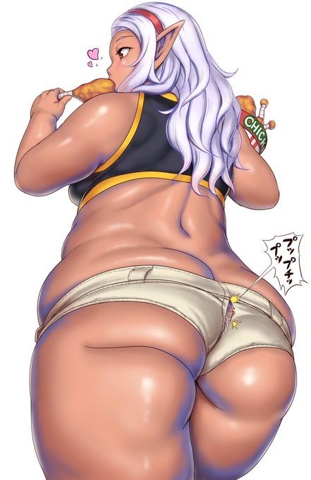 「エルフさんは痩せられない。」より、
チキンにかぶりつく黒枝さんの傍らで限界を迎えるショートパンツ。 