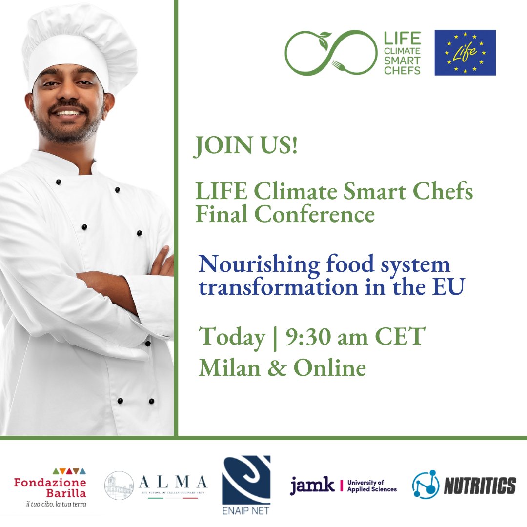 The Final Conference of our project “LIFE Climate Smart Chefs: nourishing food system transformation in the EU” is taking place today from 9:30 am CET!
Follow the livestreaming: climatesmartchefs.eu/final-conferen…

<a href="/Alma_School/">Alma Scuola Cucina</a> <a href="/enaip_net/">ENAIP NET</a> @jamk_fi <a href="/Nutritics/">Nutritics</a> <a href="/LIFEprogramme/">LIFE Programme</a>