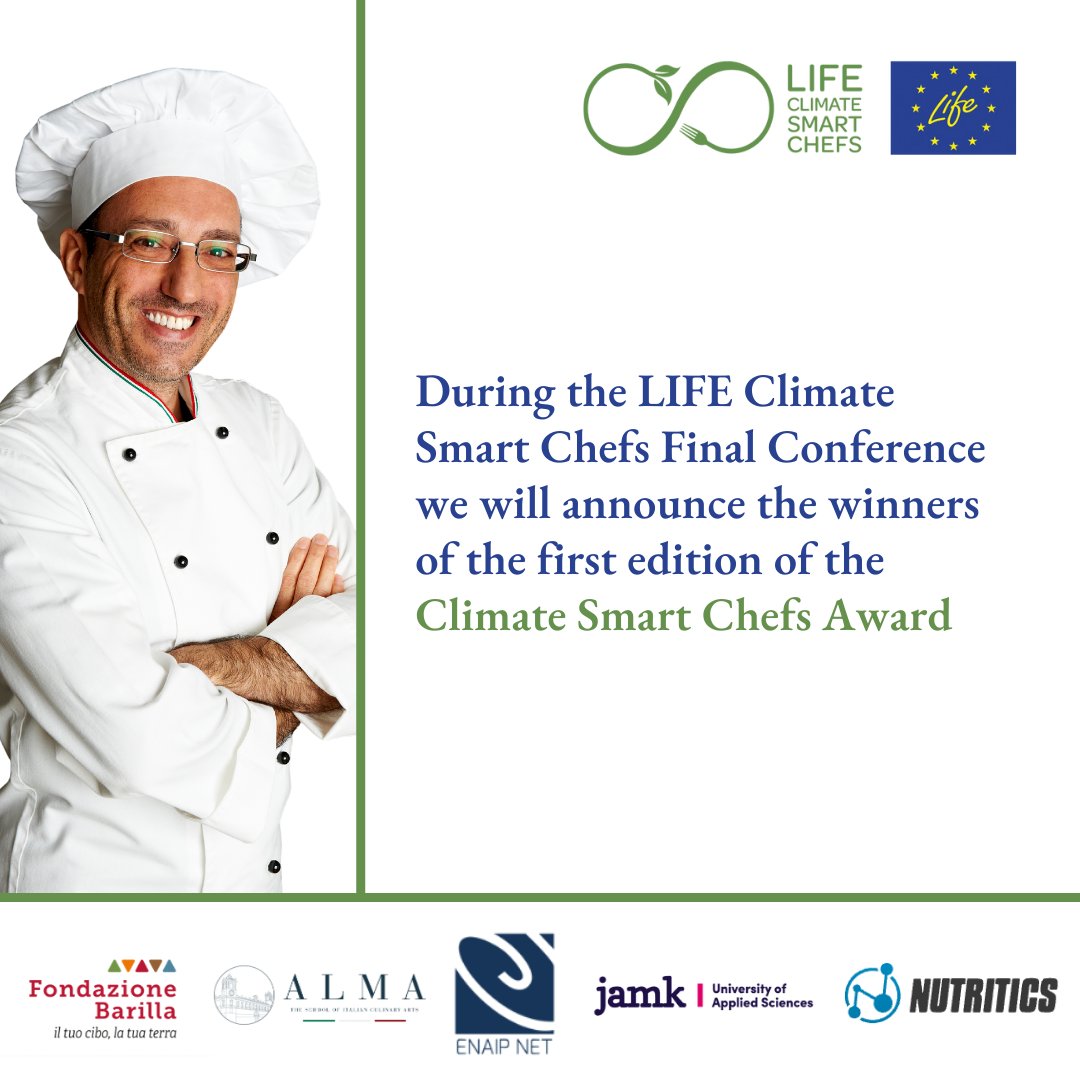 During the LIFE Climate Smart Chefs Final Conference we will announce the winning chefs and non-profit organisations of the #CSCaward!
📅 6 December – Milan+online
🔗 Register: climatesmartchefs.eu/final-conferen…

<a href="/Alma_School/">Alma Scuola Cucina</a> <a href="/enaip_net/">ENAIP NET</a> @jamk_fi <a href="/Nutritics/">Nutritics</a> <a href="/LIFEprogramme/">LIFE Programme</a>