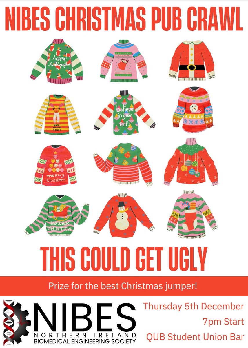 Join us on Thursday the 5th of December for our NIBES Winter Social Event!🎅🎄
We are hosting an Xmas themed pub crawl, starting in QUB Student's Union Bar at 19:00. 🍺🎉
Prize for the 'Best' Xmas jumper on the night! 🏆
Full details: sites.google.com/view/nibes