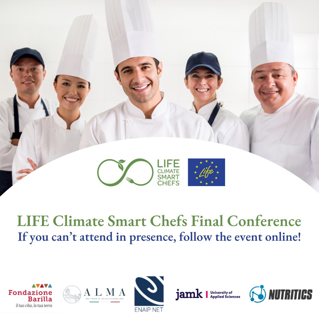 Will you join us at the LIFE CSC Final Conference in Milan?
If you can’t attend in presence, follow the event online!

📅 6 December – Milan + online
🕒 9:30 am CET
🔗 Register: climatesmartchefs.eu/final-conferen…

<a href="/Alma_School/">Alma Scuola Cucina</a> <a href="/enaip_net/">ENAIP NET</a> @jamk_fi <a href="/Nutritics/">Nutritics</a> <a href="/LIFEprogramme/">LIFE Programme</a>