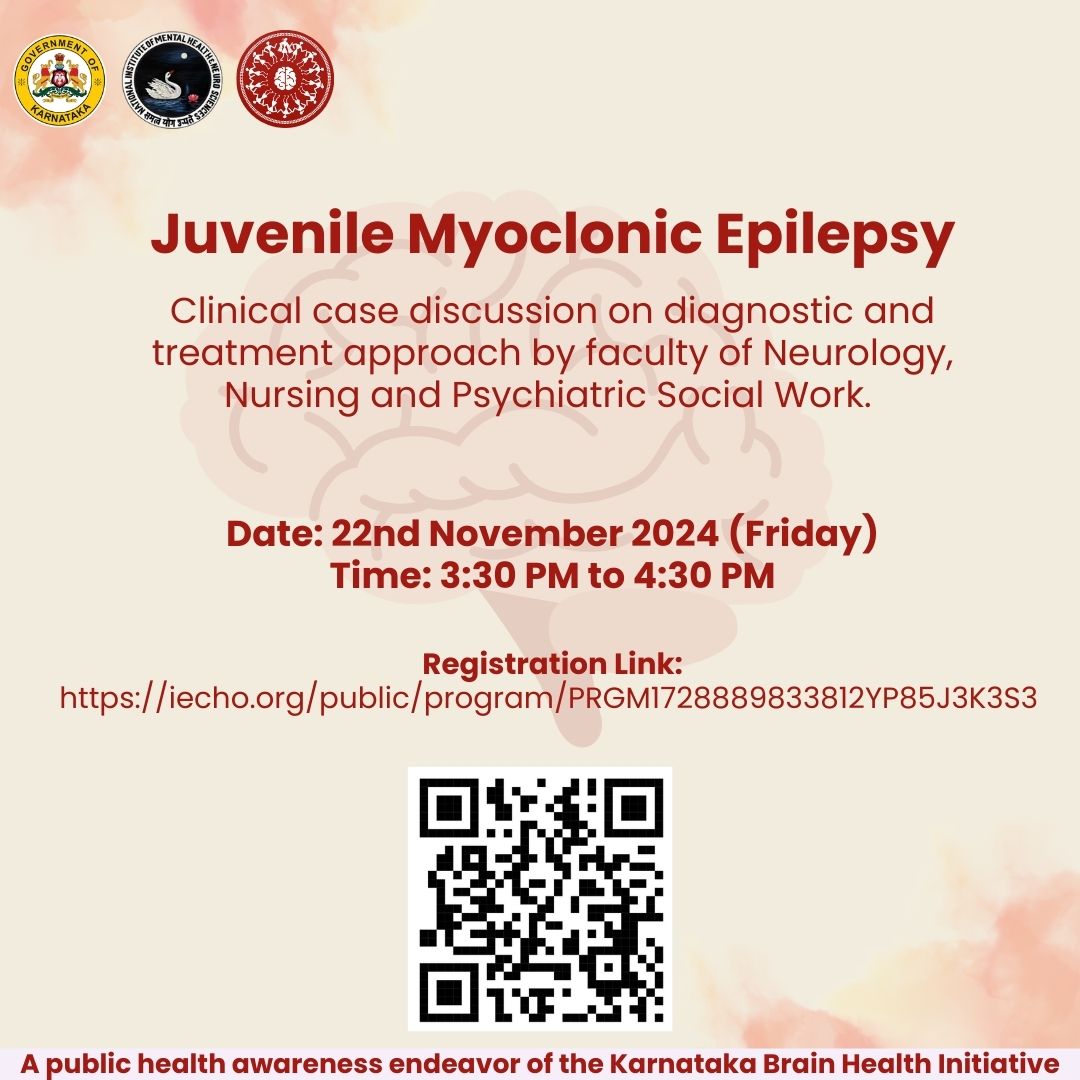 🧠 Clinical Case Discussion Series: Session 2 Today!

Join us on 22nd November 2024 (Friday) for an insightful session on Juvenile Myoclonic Epilepsy, part of KaBHI's Capacity Building Initiative. Neurology, Nursing, and Psychiatric Social Work Faculty will discuss diagnostic and