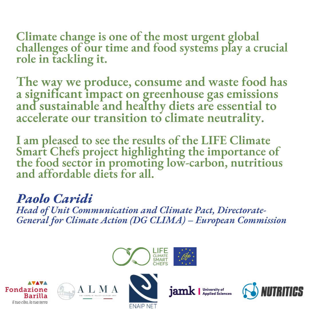 Do not miss the Final Conference of the LIFE #CSC project!
The participation is free and open to everybody upon registration.

📅 6 December – Milan + online
🕒 9:30 am CET
🔗 Register: climatesmartchefs.eu/final-conferen…

<a href="/Alma_School/">Alma Scuola Cucina</a> <a href="/enaip_net/">ENAIP NET</a> @jamk_fi <a href="/Nutritics/">Nutritics</a> <a href="/LIFEprogramme/">LIFE Programme</a>
