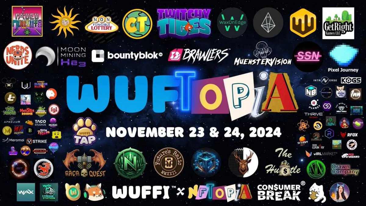 🌟 Great news!

🤠 We will be participating in WUFTOPIA   
🕐 When?: November 23-24  WUFTOPIA ACTIVITIES INCLUDE: 
✨Exclusive #WAXNFT Drops 
✨OVER 3B $WUF &amp; TONS OF #NFT GIVEAWAYS  ✨Live streamed interview &amp; presentation train w/ watch2earn 
✨20-collection COLLAB BLEND w/