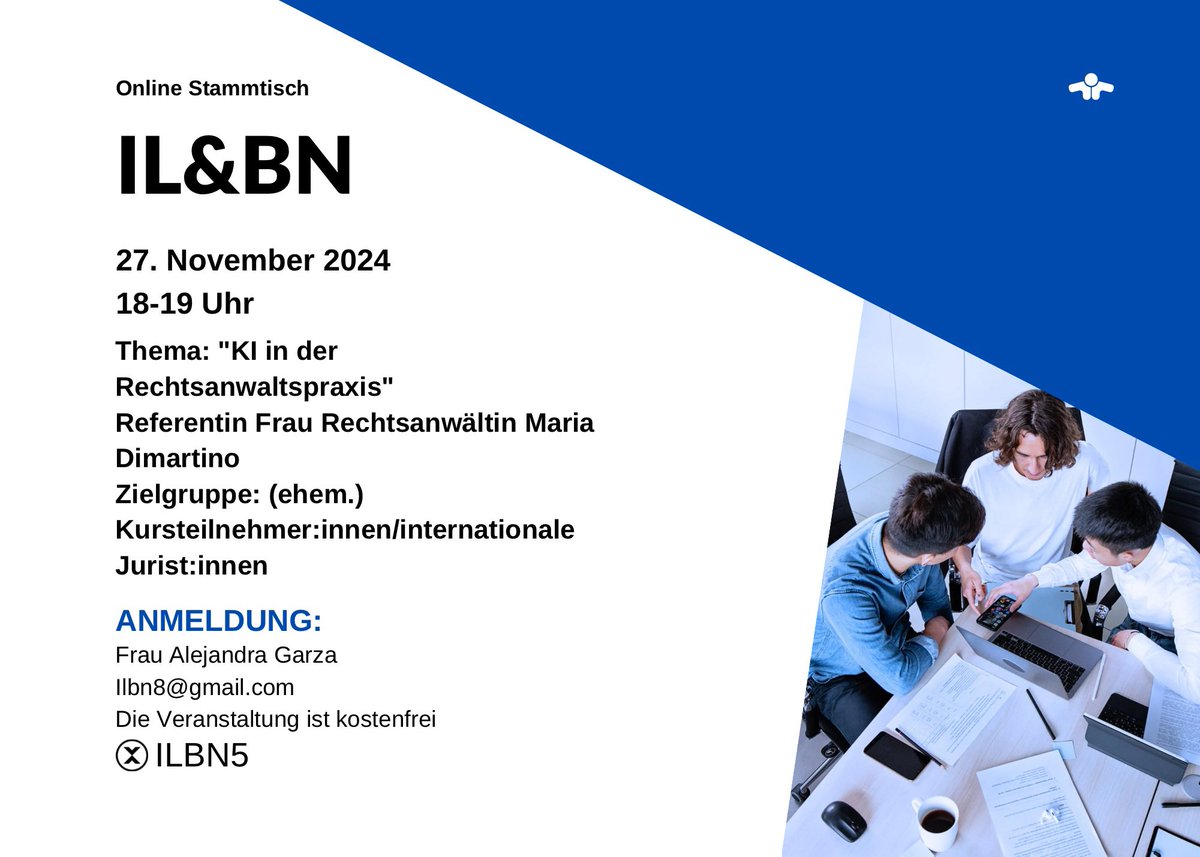 ILBN5's tweet photo. 🙋🏻‍♀️Hallo zusammen
Wir haben eine wichtige Info 💡für alle Juristinnen und Juristen mit ausländischem Abschluss: Wenn ihr Lust habt, euch auszutauschen, dann verpasst nicht unseren Online-Stammtisch!💻🖥️ https://t.co/GvOjTgrl5q
