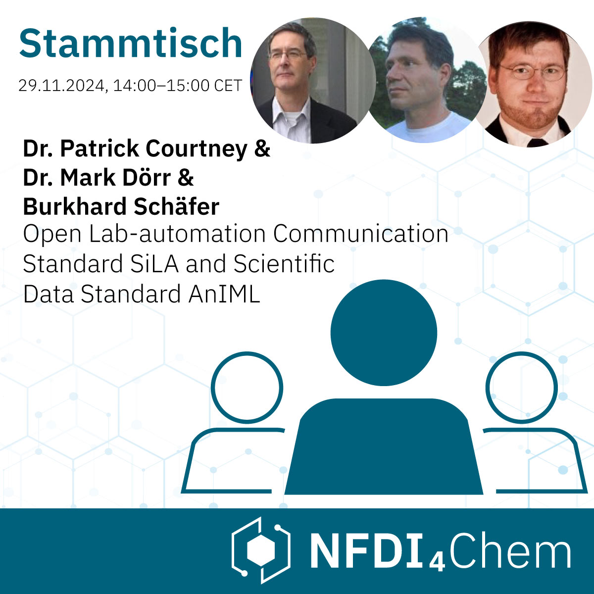 Next STAMMTISCH will again be very exciting.

Our 3 guests give an "Introduction to the #open #laboratory #communication standard SiLA and the scientific data standard AnIML - with a practical demonstration of its #FAIRdata capabilities"

bit.ly/486Rgzt

#chemtwitter