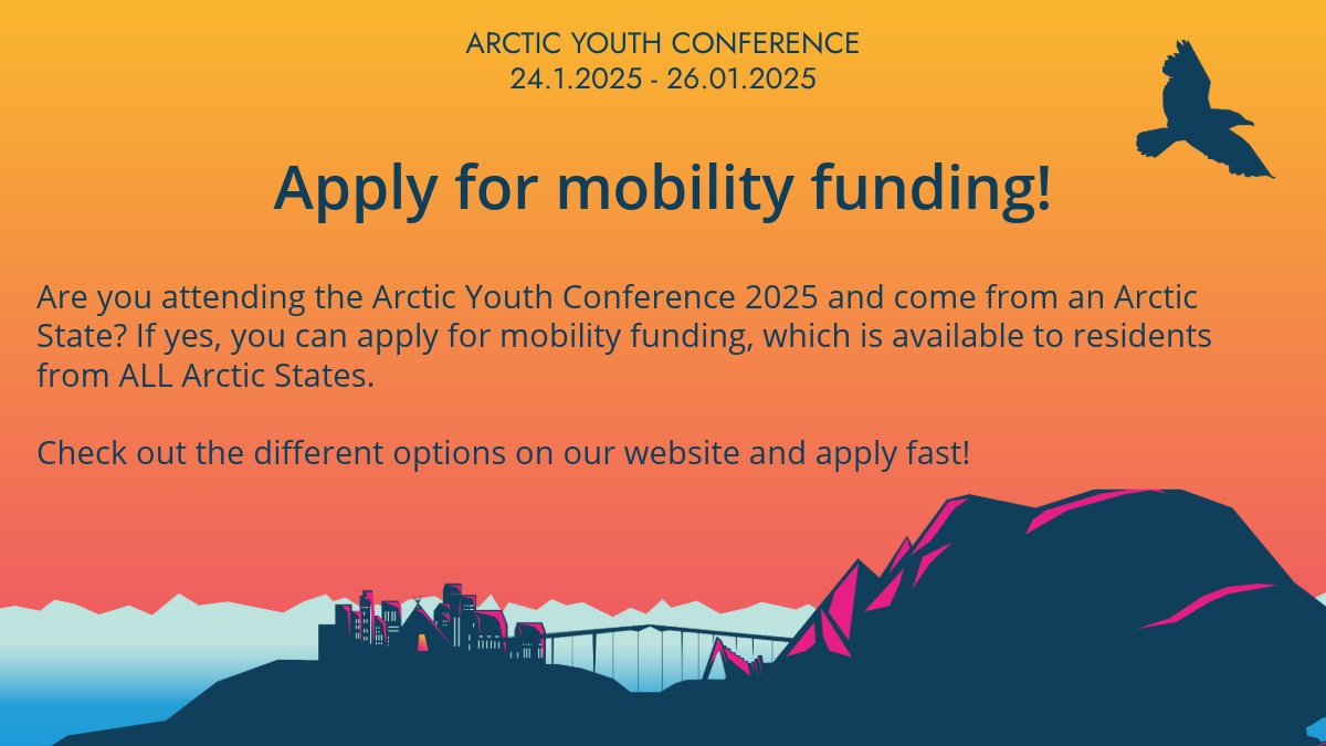 Are you attending the Arctic Youth Conference but need financial support for the conference travels? 💸 
Mobility funding is available to youth from all Arctic States – apply here 👇
arctic-council.org/about/norway-c…