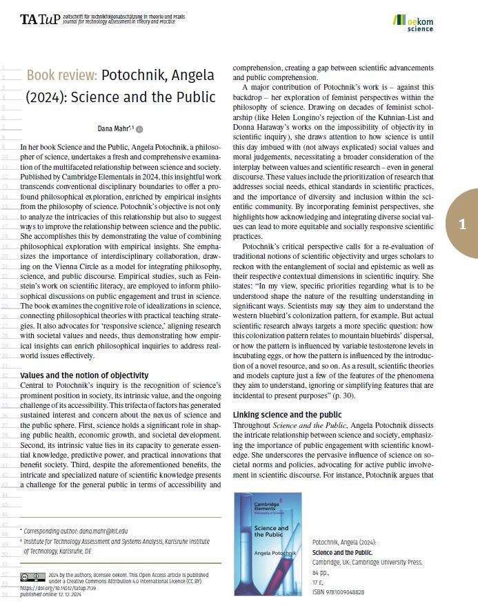 Excited to share that my review of Angela Potochnik's Science and the Public will soon appear in #TATuP! 🖋️ 

The book offers profound insights into the science-society nexus, inclusivity, and #SciComm. Huge shoutout to @APotochnik for this thought-provoking work!