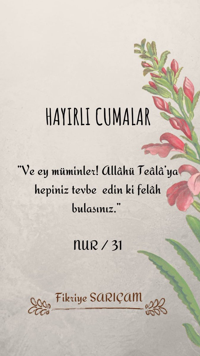 “De ki, Ey kendilerinin aleyhine aşırı giden kullarım! Allah’ın rahmetinden ümidinizi kesmeyin. Şüphesiz Allah bütün günahları affeder. Çünkü O, çok bağışlayandır, çok merhamet edendir.”
(Zümer Sûresi 53. Ayet)
Allah’ın  Rahmeti ve Bereketi Üzerinize olsun. 
Hayırlı Cumalar.