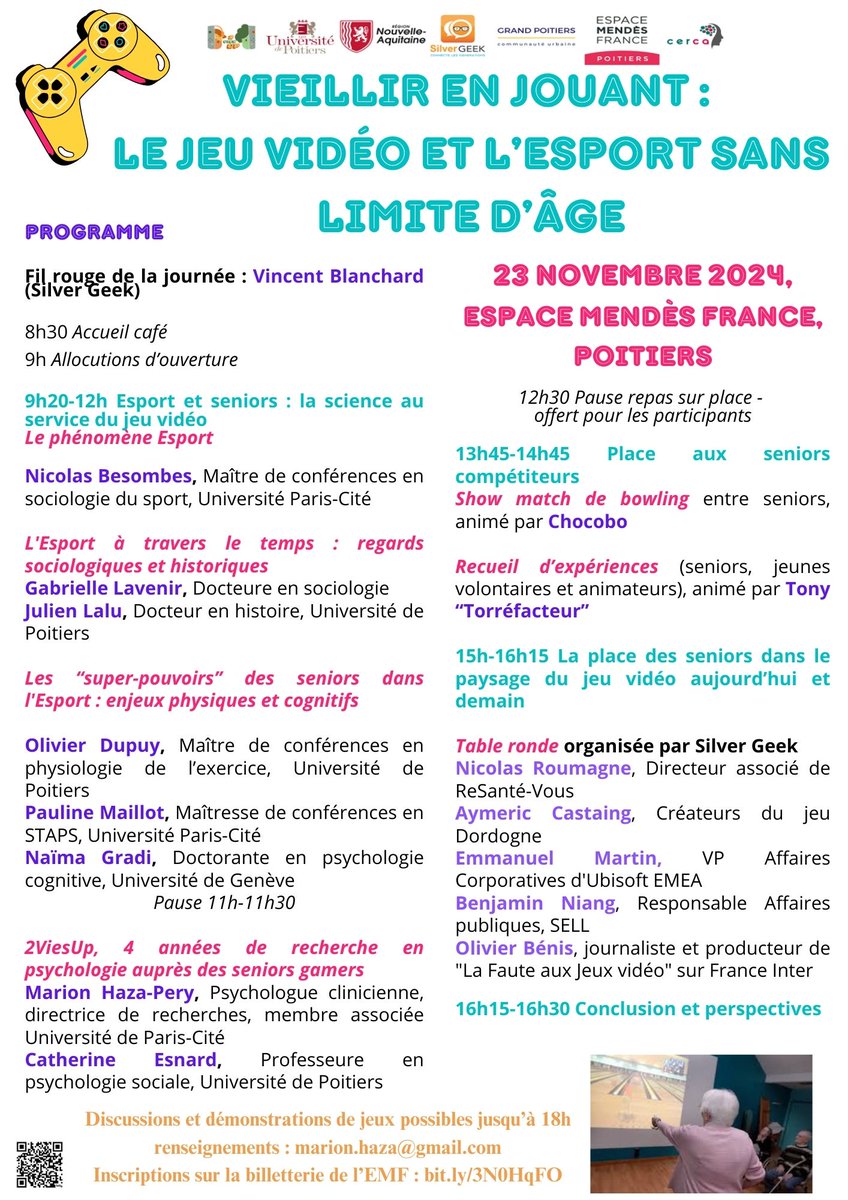 Si vous êtes sur Poitiers ce samedi, rejoignez-nous à l'espace Mendés France pour une journée dédiée aux "seniors et jeux vidéo" : des conférences, de la recherche, des démonstrations, etc.  

Inscription : emf.fr/event/vieillir…
A suivre sur Twitch : twitch.tv/silvergeekfr
