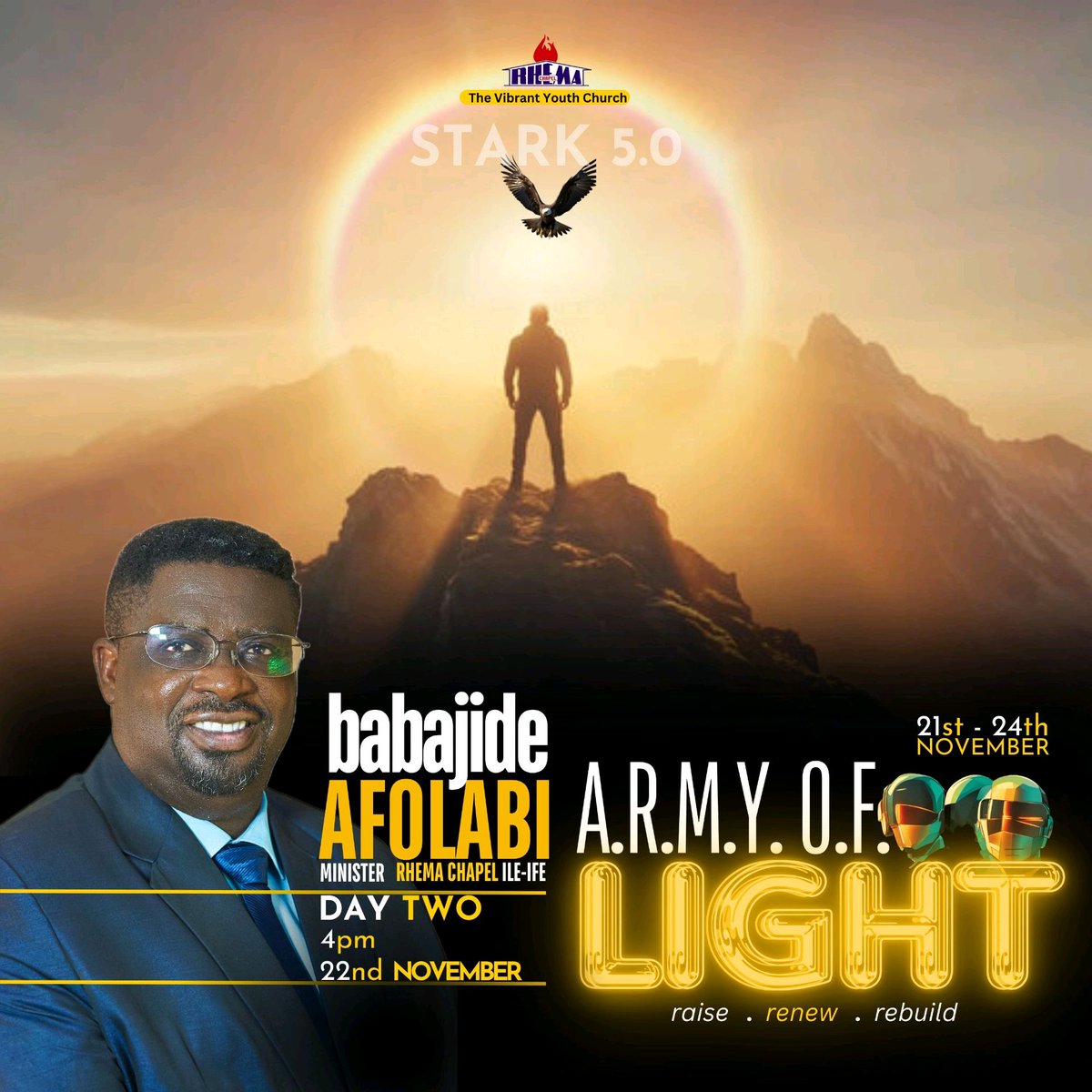 RhemaChapelxIfe's tweet photo. Day Two comes with two promising ministers of God. Come and be birth into the Light of God.
STARK 5.0 tagged ARMY OF LIGHT continues today at 4 pm. You cannot afford to miss it. 

Yesterday was great but today will be glorious!

#RhemaIfe
#Soaring
#Emergence https://t.co/AJ3WspK1ic