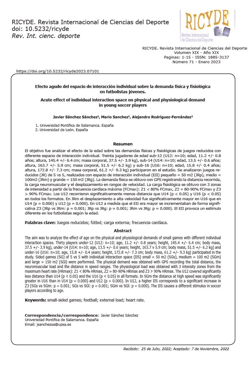 ⚽️ El impacto del espacio de interacción individual (EII) en los juegos reducidos 🏃‍♂️🔥

🔍 El EII es la porción del terreno de juego asignada a cada jugador. Este estudio revela cómo el EII  influye en las demandas físicas y fisiológicas de futbolistas de diferentes edades.
