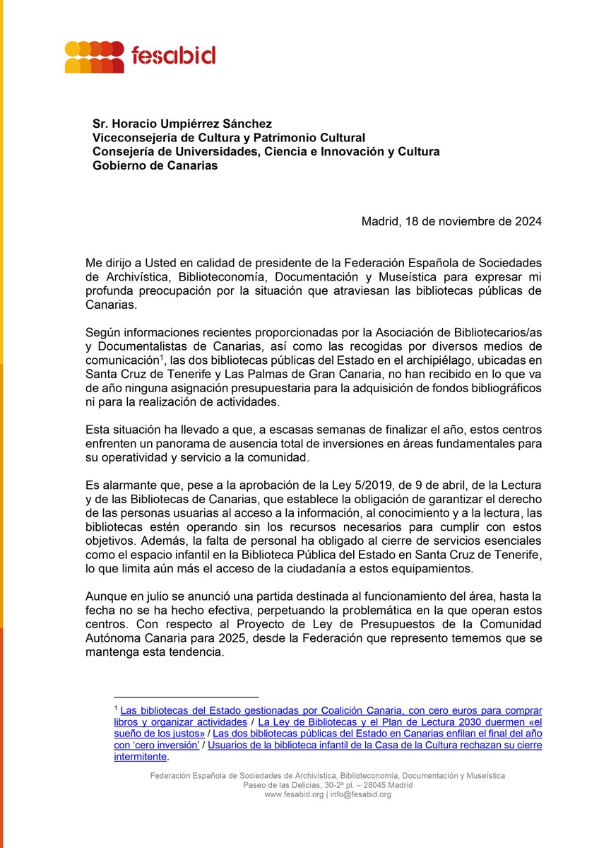 bydcanarias's tweet photo. 📢 @fesabid envía una carta de protesta al viceconsejero de Cultura del Gobierno de #Canarias por la situación de las #bibliotecas públicas del archipiélago.

🤬Desde ByD Canarias venimos denunciando desde hace meses el nulo compromiso del Gobierno regional con las bibliotecas. https://t.co/ee7Hrhskod