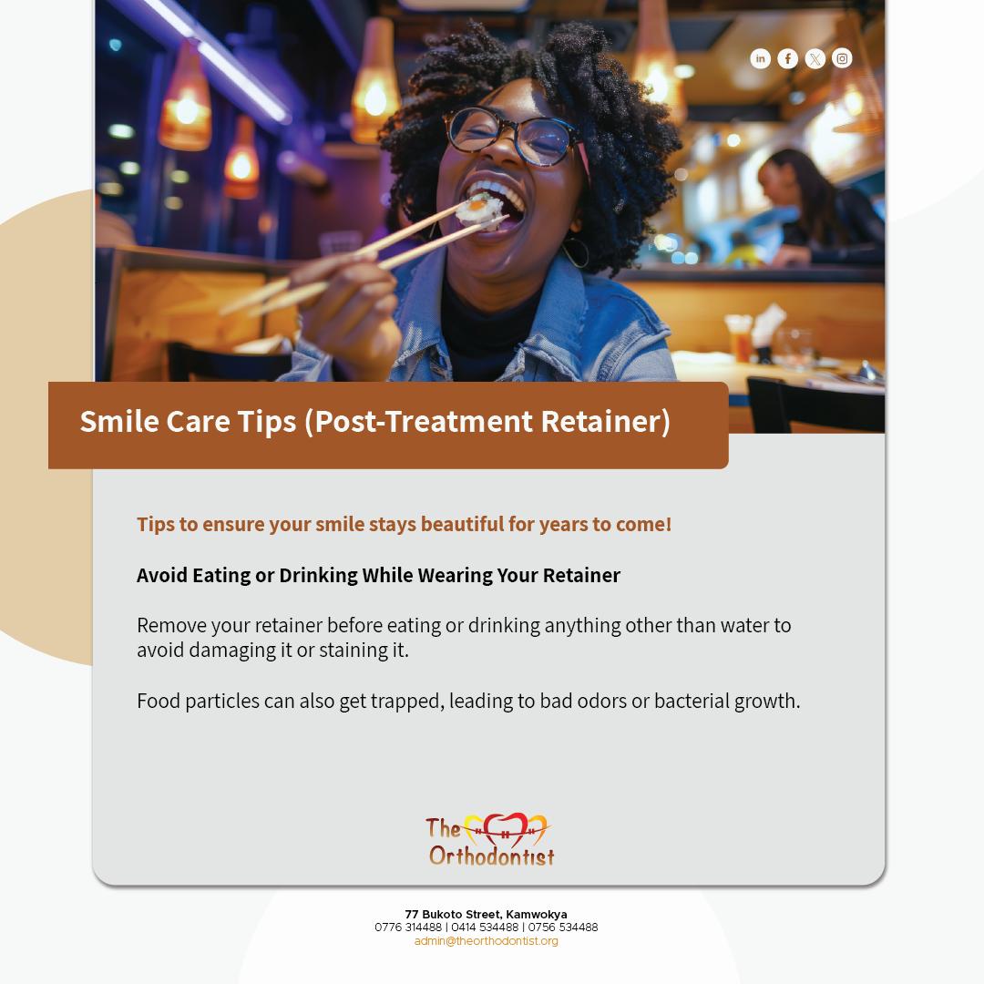 orthodontist_ug's tweet photo. #SmileCareTips

Always remove your retainer before eating and store it in its case to keep it clean and safe.

Eating while wearing your retainer can damage your retainer, trap food and bacteria causing bad breath and potential decay, and Compromise your orthodontic results. https://t.co/INgbVO61gJ