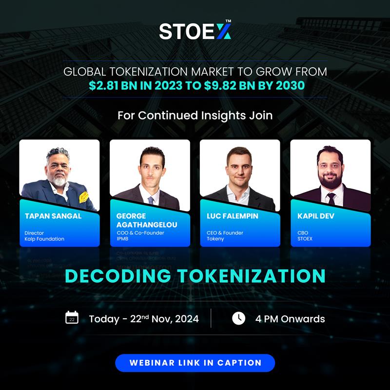 STOEX's tweet photo. This is the final call to attend the webinar - "Decoding Tokenization", with the biggest industry disruptors as they are set to unbox RWA tokenization today for you!

All set to step into the BIGGEST financial revolution of the century?

Click the link below to join the webinar!
https://t.co/dZ6y2B6uPa

@TapanSangal @LucFalempin @singhal_gagan @kapilsekaho @tarunklingwal @getbipin @hralhan7  

#TechForTomorrow #FinanceReimagined #SmartInvesting #DigitalTransformation #InnovationUnveiled