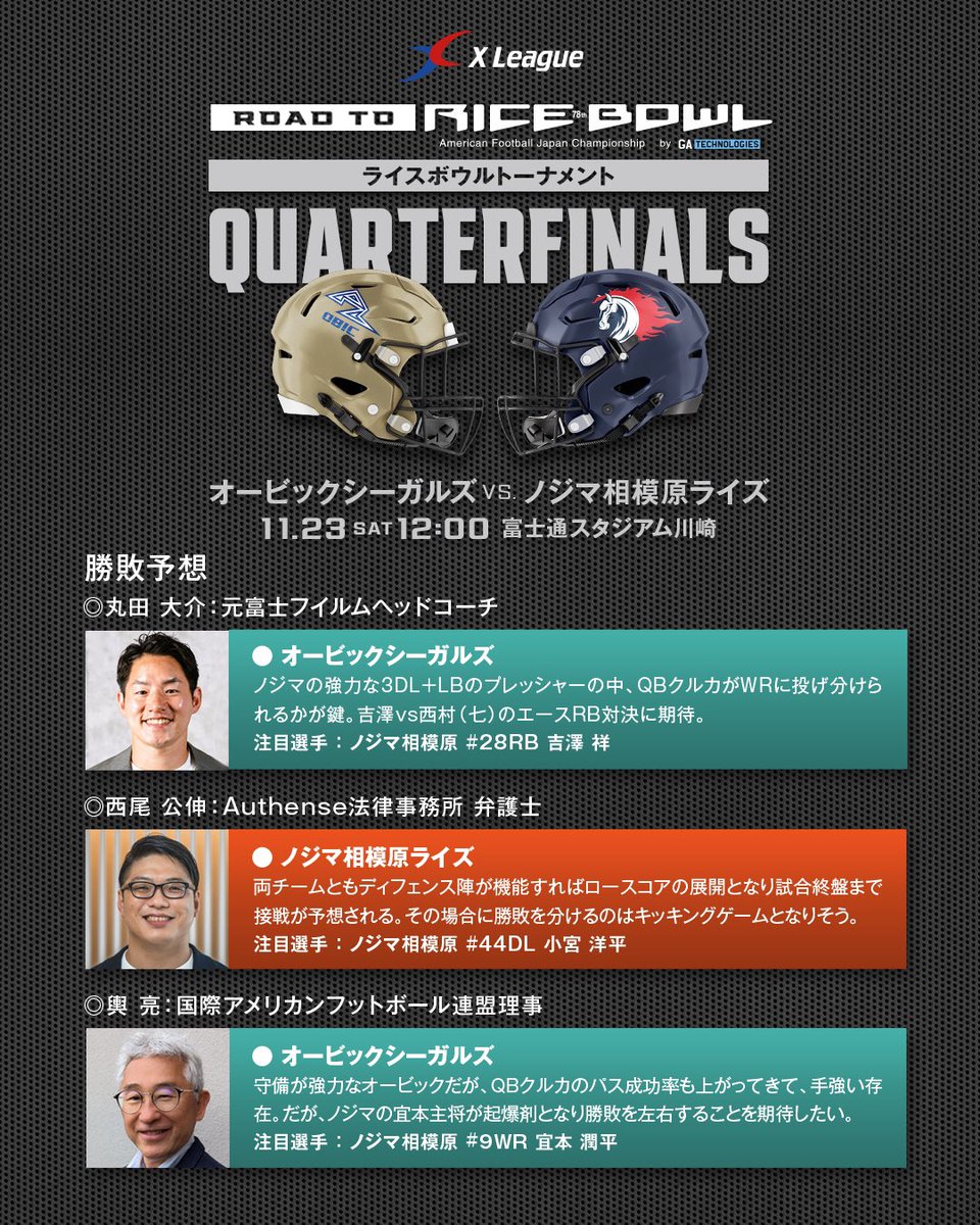 xl1996's tweet photo. XリーグTV解説員に聞いた勝敗予想 🏈💥

オービックシーガルズ 
vs ノジマ相模原ライズ

https://t.co/xySiKSo3Zq
#アメフト #Xリーグ #xleague https://t.co/90U5bDPSzZ