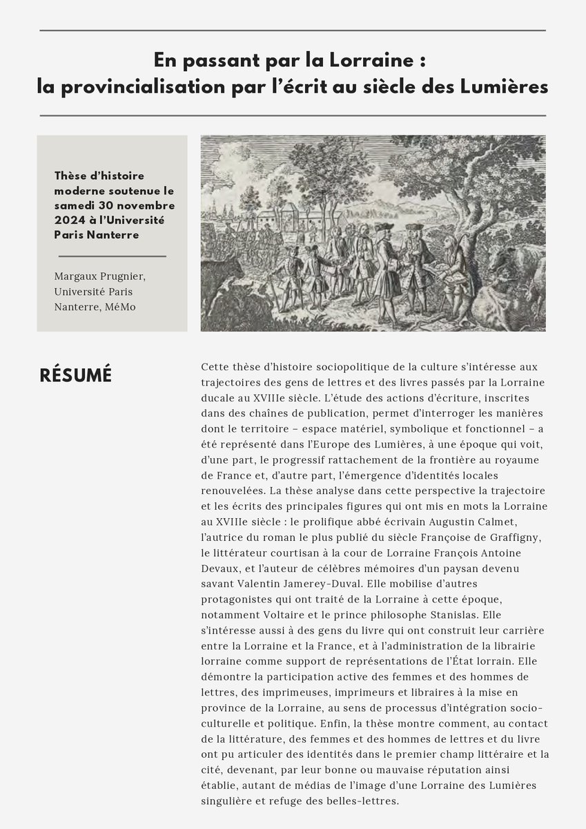 CentreMemo's tweet photo. Heureux et heureuses d'annoncer la soutenance de thèse de Margaux Prugnier : "En passant par la Lorraine : la provincialisation par l'écrit au siècle des Lumières", sous la dir. de Nicolas Schapira
📆30 novembre 2024, 13h30
📍@UParisnanterre, D 201
@UPN_Recherche @d_nanterre https://t.co/QgRxZSdmFm