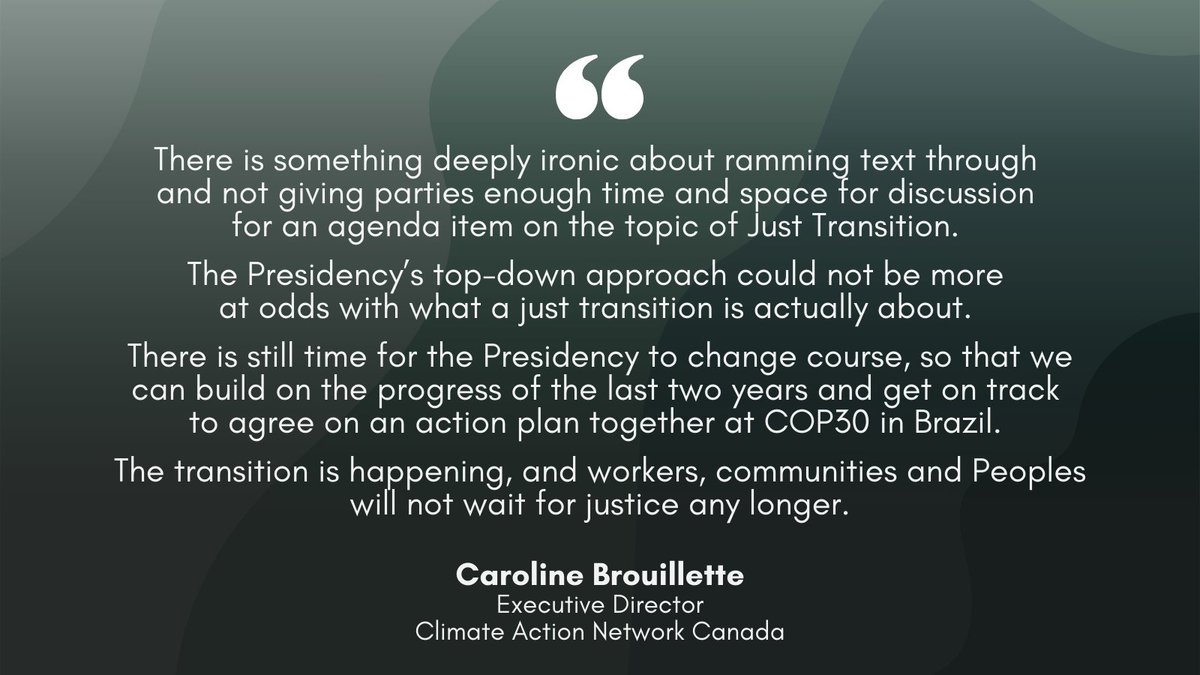 CAN-Rac Canada (@canraccanada) on Twitter photo 🚨The #JustTransition Work Programme negotiations at #COP29 have been deeply concerning, and with the hours counting down, so much is at stake.
Our Executive Director <a href="/carobrouillette/">Caroline Brouillette</a>’s response: 🚨The #JustTransition Work Programme negotiations at #COP29 have been deeply concerning, and with the hours counting down, so much is at stake.
Our Executive Director <a href="/carobrouillette/">Caroline Brouillette</a>’s response: