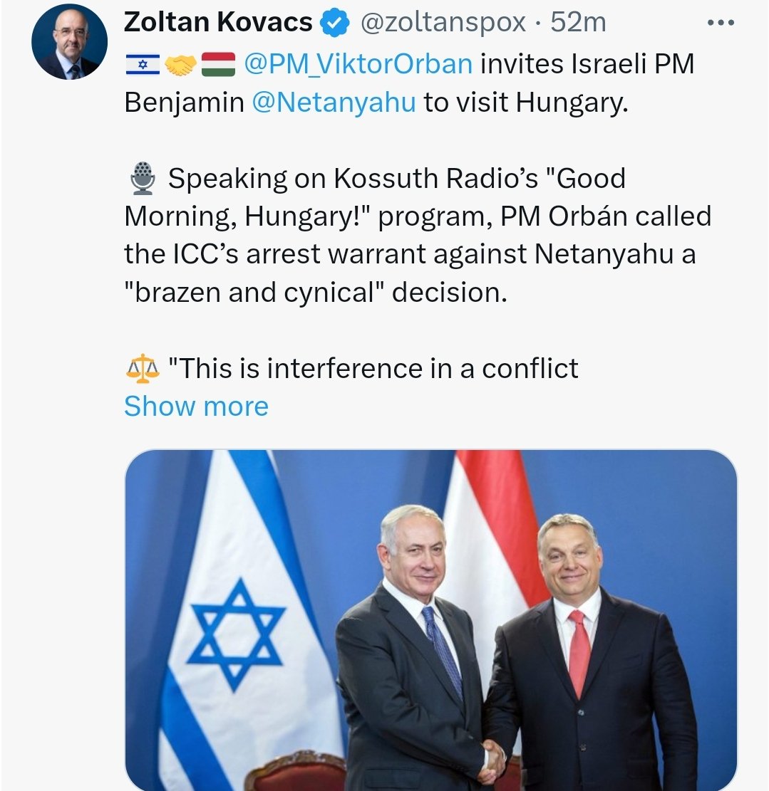 Orban sfida la Corte di Giustizia Euroislamista dell'Aja e invita Netanyahu in Ungheria. Orbàn si conferma unico leader europeo degno di tal nome e conferma l'Ungheria come unico vero stato sovrano nella UE.