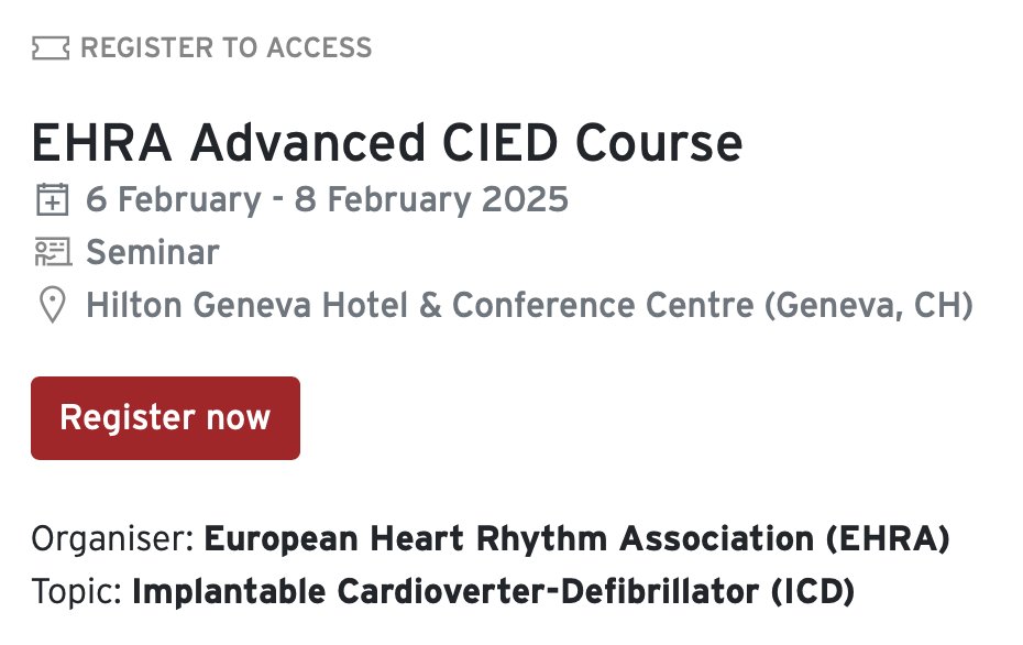 EHRAPresident (@ehrapresident) on Twitter photo #EHRA_ESC Advanced CIED Course will be held in <a href="/geneva/">Geneva</a> from 6-7th of February 2025 with topics on
1⃣leadless pacing
2⃣extra-vascular defibrillators
3⃣conduction system pacing
4⃣lead extraction
Register now 👉bit.ly/3YYkdd7
Grant opportunities also available!
<a href="/escardio/">European Society of Cardiology</a> #EHRA_ESC Advanced CIED Course will be held in <a href="/geneva/">Geneva</a> from 6-7th of February 2025 with topics on
1⃣leadless pacing
2⃣extra-vascular defibrillators
3⃣conduction system pacing
4⃣lead extraction
Register now 👉bit.ly/3YYkdd7
Grant opportunities also available!
<a href="/escardio/">European Society of Cardiology</a>