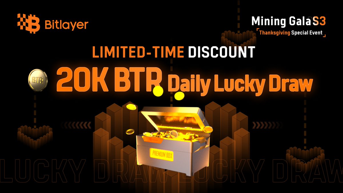 BitlayerLabs's tweet photo. 💥Limited-Time Discount & Daily Lucky Draw Now Live!

🌟As Thanksgiving approaches, we’re excited to bring you a Mining Gala S3 Special Event packed with amazing rewards!

🔥Here’s what you can enjoy:

1️⃣Discounted Paid Treasure Boxes-No daily limit on how many boxes you can open;
2️⃣Daily Lucky Draw-Open any paid box to enter the draw. A total prize pool of 20,000 BTR is up for grabs daily, with the top prize reaching 10,000 BTR! 

🙌Don’t miss out on the final chance to grab these discounts！
Entry Link:https://t.co/SukFzs7krg
#BitlayerMiningGala #Bitlayer