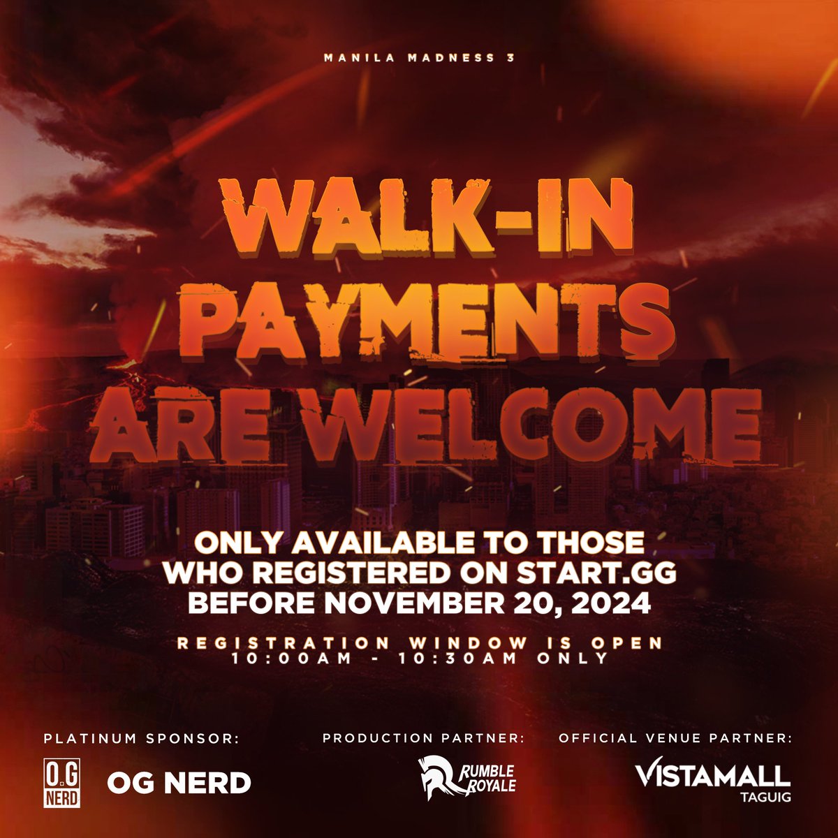 WALK-IN PAYMENTS 🔥

If you are registered on Start.GG and haven't paid yet, you can still do so on-site tomorrow between 10:00AM and 10:30AM sharp, regardless of your pool schedule.

The online payment form will close tonight at 11:59PM.