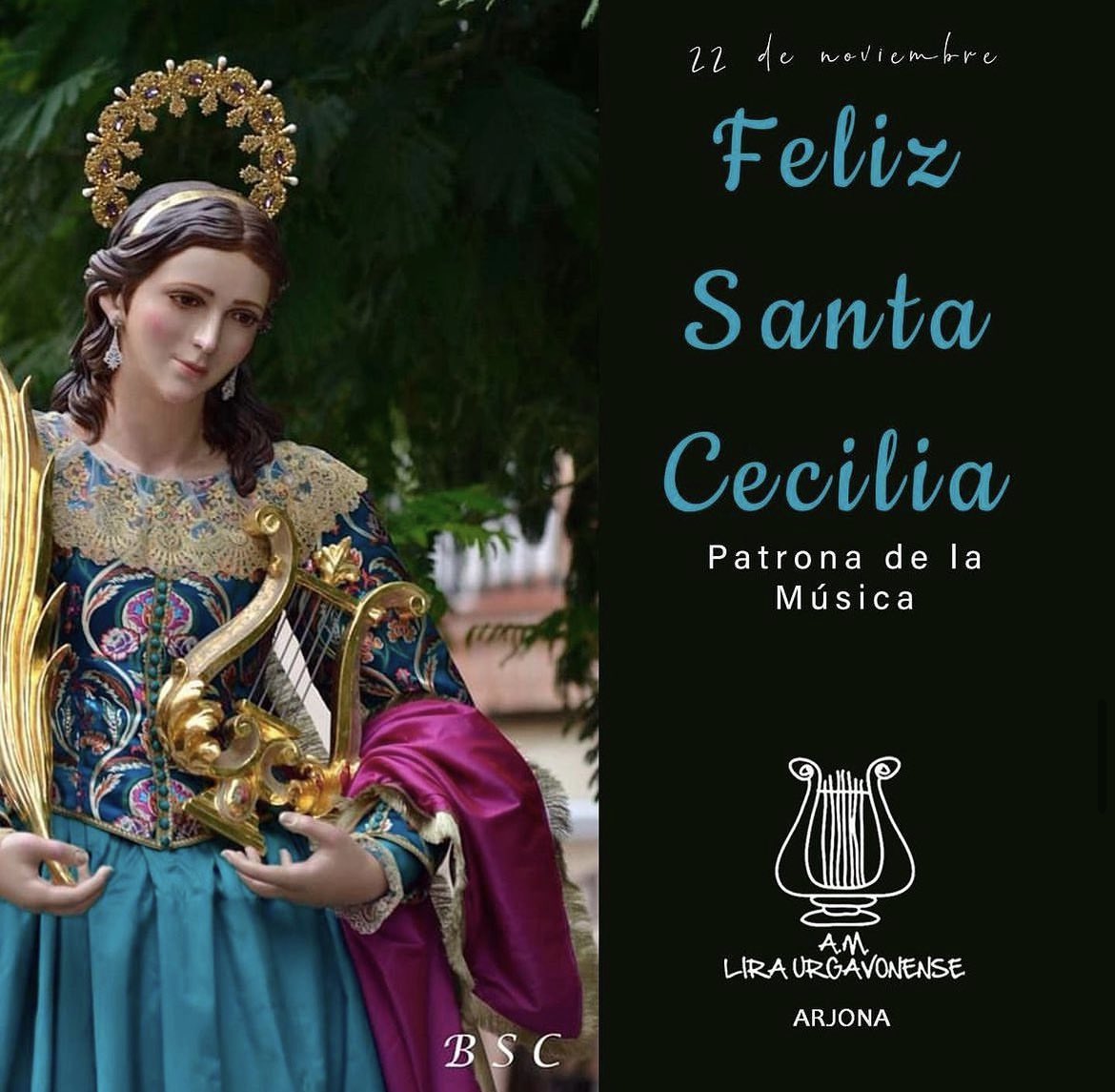 Hoy, 22 de noviembre, se celebra la onomástica de Santa Cecilia, patrona de la música. 
Desde la Lira Urgavonense deseamos un feliz día a todos los músicos y en especial a los componentes de nuestra asociación.

¡VIVA SANTA CECILIA!
#santacecilia2024 #liraurgavonense #Arjona