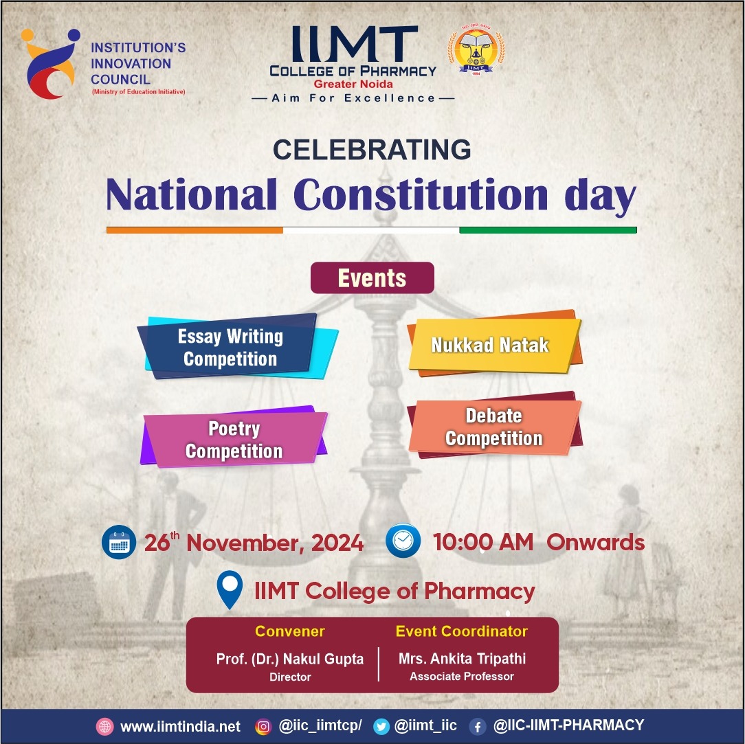 iimt_iic's tweet image. IIC-IIMT College of Pharmacy is Celebrating &quot; National Constitution Day &quot; on 26th November 2024.
.
#IIMTIndia #IIMTNoida #IIMTGreaterNoida #IIMTDelhiNCR #IIMTian #iimt #iiciimt #innovationCouncil #iimtInnovationCell #PharmacyCollege
#IIC #InnovationCell #entrepreneur #Innovation