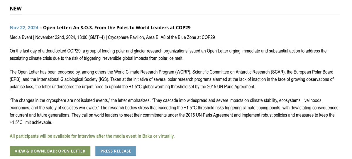 International Cryosphere Climate Initiative (@iccinet) on Twitter photo 🚨Media alert🚨
A group of leading polar and glacier research organizations are issuing an Open Letter urging immediate and substantial action to address the escalating climate crisis.
Live press event in 10 minutes: Cryosphere Pavilion
<a href="/WCRP_CLIVAR/">CLIVAR</a> <a href="/SCAR_Tweets/">Scientific Committee on Antarctic Research (SCAR)</a> <a href="/EuPolarBoard/">European Polar Board (EPB)</a> 🚨Media alert🚨
A group of leading polar and glacier research organizations are issuing an Open Letter urging immediate and substantial action to address the escalating climate crisis.
Live press event in 10 minutes: Cryosphere Pavilion
<a href="/WCRP_CLIVAR/">CLIVAR</a> <a href="/SCAR_Tweets/">Scientific Committee on Antarctic Research (SCAR)</a> <a href="/EuPolarBoard/">European Polar Board (EPB)</a>