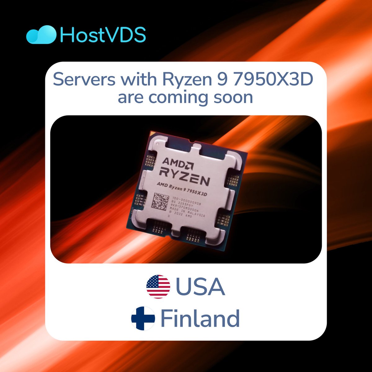 hostvds's tweet photo. ⚡️ AMD Ryzen 9 7950X3D up to 5.7 GHz — Coming Soon to the USA and Finland!

Following many inquiries, we are excited to announce the addition of powerful servers with AMD Ryzen 9 7950X3D processors to our data centers in the USA and Finland. 

✅ https://t.co/kuTZ1t5vEC https://t.co/ECjQ3jFYPN