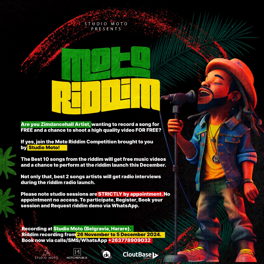 ShokoFestival's tweet photo. Call For Zimdancehall artists! 
Do you want to record a song for FREE and get a chance to shoot a high-quality video FOR FREE with one of Zimbabwe’s phenomenal production team?  If yes, join the Moto Riddim Competition brought to you by @StudioMotoZW! To participate: 
1.Register, 
https://t.co/TkPjz4V7pa your session and 
3.Request riddim demo via WhatsApp +263778909032.  

Riddim recording from Tuesday 26 November to Thursday 5 December 2024.

Top 10 songs get free high-quality videos and a chance to perform at the riddim launch this December! Plus, the best 2 songs will get radio interviews during the riddim radio launch   

Recording at Studio Moto (Belgravia, Harare).   

Please note studio sessions are STRICTLY by appointment. No appointment no access.  Book now via calls/SMS/WhatsApp +263778909032