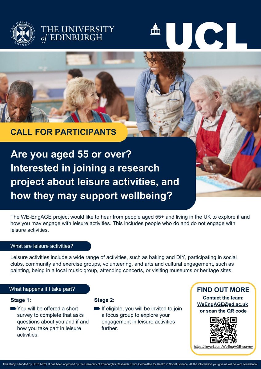 Carer Support West Cumbria (@carersupportwc) on Twitter photo Are you aged 55+ and living in the UK? Interested in supporting new research? The WeEngAGE project is exploring the role of leisure activities and wellbeing, and are looking for participants to join the study.
Visit buff.ly/4hN3PVv or contact WeEngAGE@ed.ac.uk Are you aged 55+ and living in the UK? Interested in supporting new research? The WeEngAGE project is exploring the role of leisure activities and wellbeing, and are looking for participants to join the study.
Visit buff.ly/4hN3PVv or contact WeEngAGE@ed.ac.uk