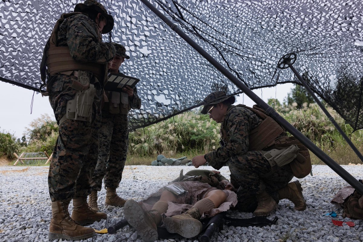 #USNavy corpsmen and #Marines with Combat Logistics Battalion 31, <a href="/31stMeu/">31stMEU</a>, treat simulated casualties as part of a mass casualty training event during a CLB-31 field exercise at Camp Hansen, Okinawa, Japan, Nov. 7, 2024.