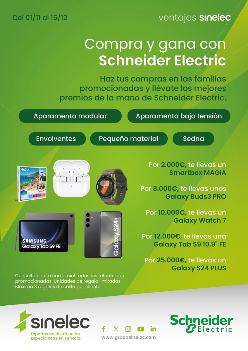 Grupo Sinelec (@gruposinelec) on Twitter photo 📢 #VentajasSinelec | Con esta nueva promoción haz tus compras en las familias promocionadas y llévate los mejores premios de la mano de <a href="/SchneiderES/">SchneiderElectric ES</a>. ⚡🎁
Descubre las condiciones aquí 👉ow.ly/Qyo950TZ7KA👈
#ExpertosEnDistribución
#EspecialistasEnServicio 📢 #VentajasSinelec | Con esta nueva promoción haz tus compras en las familias promocionadas y llévate los mejores premios de la mano de <a href="/SchneiderES/">SchneiderElectric ES</a>. ⚡🎁
Descubre las condiciones aquí 👉ow.ly/Qyo950TZ7KA👈
#ExpertosEnDistribución
#EspecialistasEnServicio