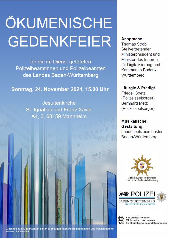 Polizei Stuttgart (@pp_stuttgart) on Twitter photo Am 24.11. findet in Mannheim die Gedenkfeier für die im Dienst getöteten Polizeibeamtinnen und Polizeibeamten statt. Die Gedenkfeier ist öffentlich. Eine Voranmeldung ist nicht erforderlich. Zum Anlass der Veranstaltung wird eine landesweite Schweigeminute um 15 Uhr durchgeführt. Am 24.11. findet in Mannheim die Gedenkfeier für die im Dienst getöteten Polizeibeamtinnen und Polizeibeamten statt. Die Gedenkfeier ist öffentlich. Eine Voranmeldung ist nicht erforderlich. Zum Anlass der Veranstaltung wird eine landesweite Schweigeminute um 15 Uhr durchgeführt.