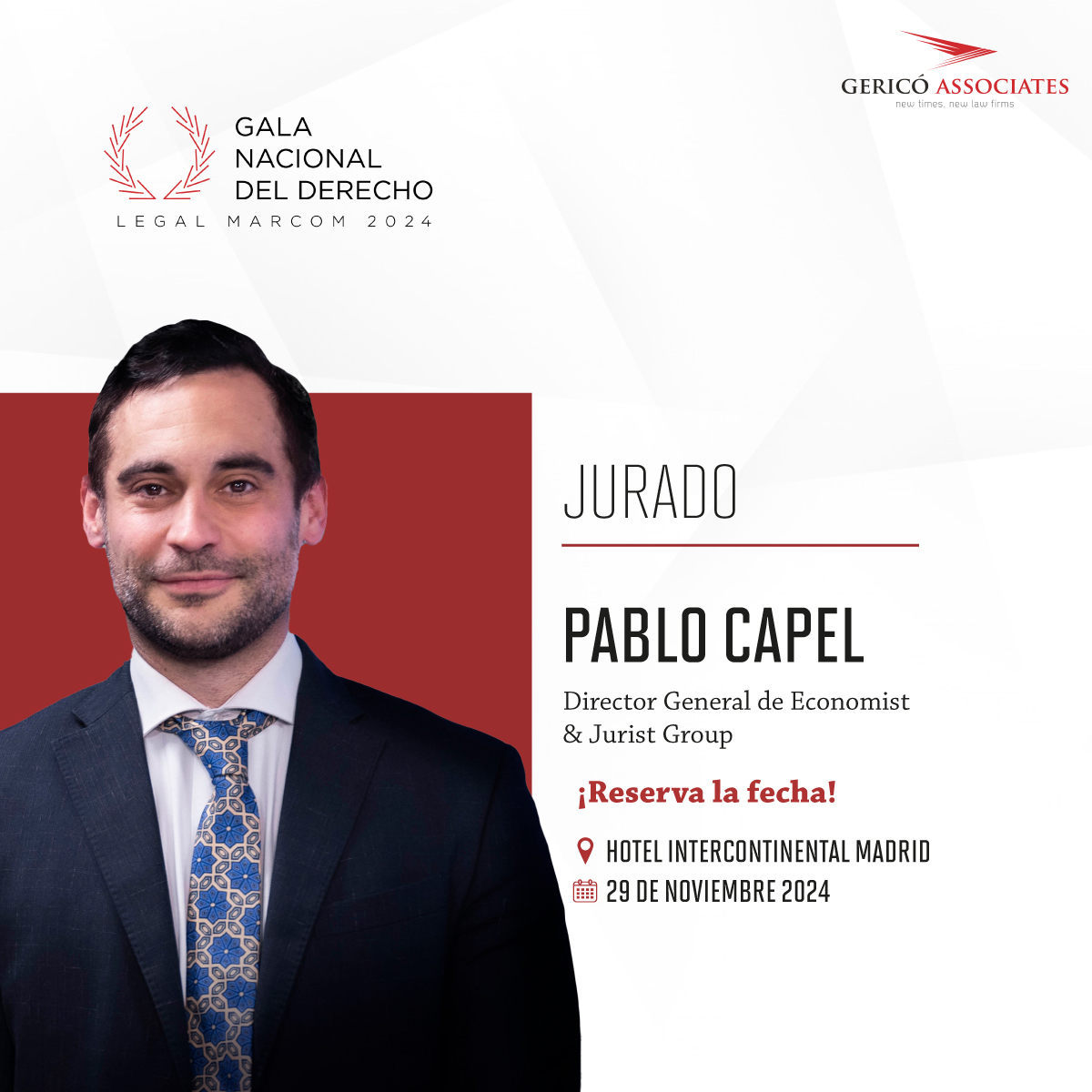 #Jurado✨Le damos la bienvenida a Pablo Capel Dorado, director general de Economist &amp; Jurist Group, como miembro del jurado de los Legal Marcom Awards 2024.

¡Es un placer contar contigo, Pablo! 👏

Más información sobre esta edición👉 legalmarcom.com 

#LegalMarcom