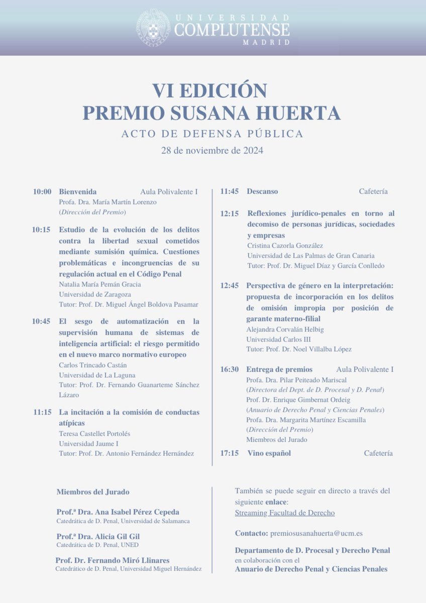 El próximo jueves 28 de noviembre celebramos la VI Edición del Premio Susana Huerta en la Facultad de Derecho de la UCM <a href="/ucm_derecho/">Facultad Derecho UCM</a> 

Ya se puede consultar el programa en nuestra página web: ucm.es/premiosusanahu…

¡Os esperamos!