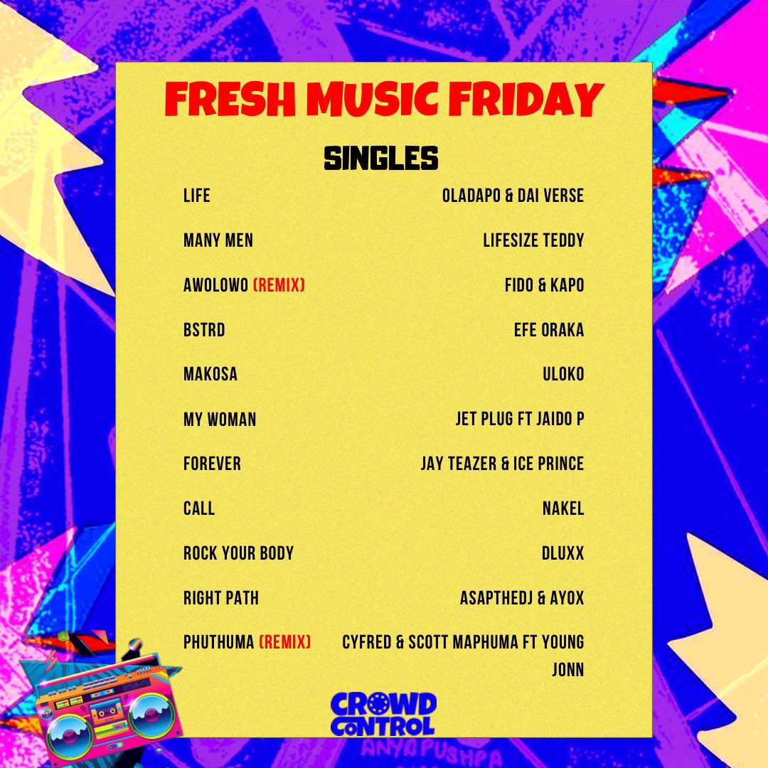 FRESH MUSIC FRIDAY 🎤🎶🎧
STARRING: <a href="/wizkidayo/">Wizkid</a> ✨
Featuring: <a href="/EricBellinger/">Eric Bellinger</a> <a href="/SGaWD01/">ACTION BABE</a>  <a href="/moladeofficial_/">LADÉ (Merchant of melodies)</a> @lifesize_teddy_ <a href="/U1oko/">ULOKO👾</a> <a href="/EfeOraka/">florence Dei.</a> @nakelmusic_ <a href="/kemuelthekid/">KEMUEL</a> <a href="/Oladapoofficial/">OLA WITH THE MOST</a> <a href="/MrFidooooo/">Fido</a> <a href="/iamJayteazer/">TEAZER BABY</a> <a href="/official_dluxx/">Dluxx</a> <a href="/Jet_plug/">Jet plug</a> <a href="/ASAPtheDJ/">ASAPtheDJ 💎</a> <a href="/_zichy/">Zichylomona!</a> <a href="/OfficialBils/">BILS</a>