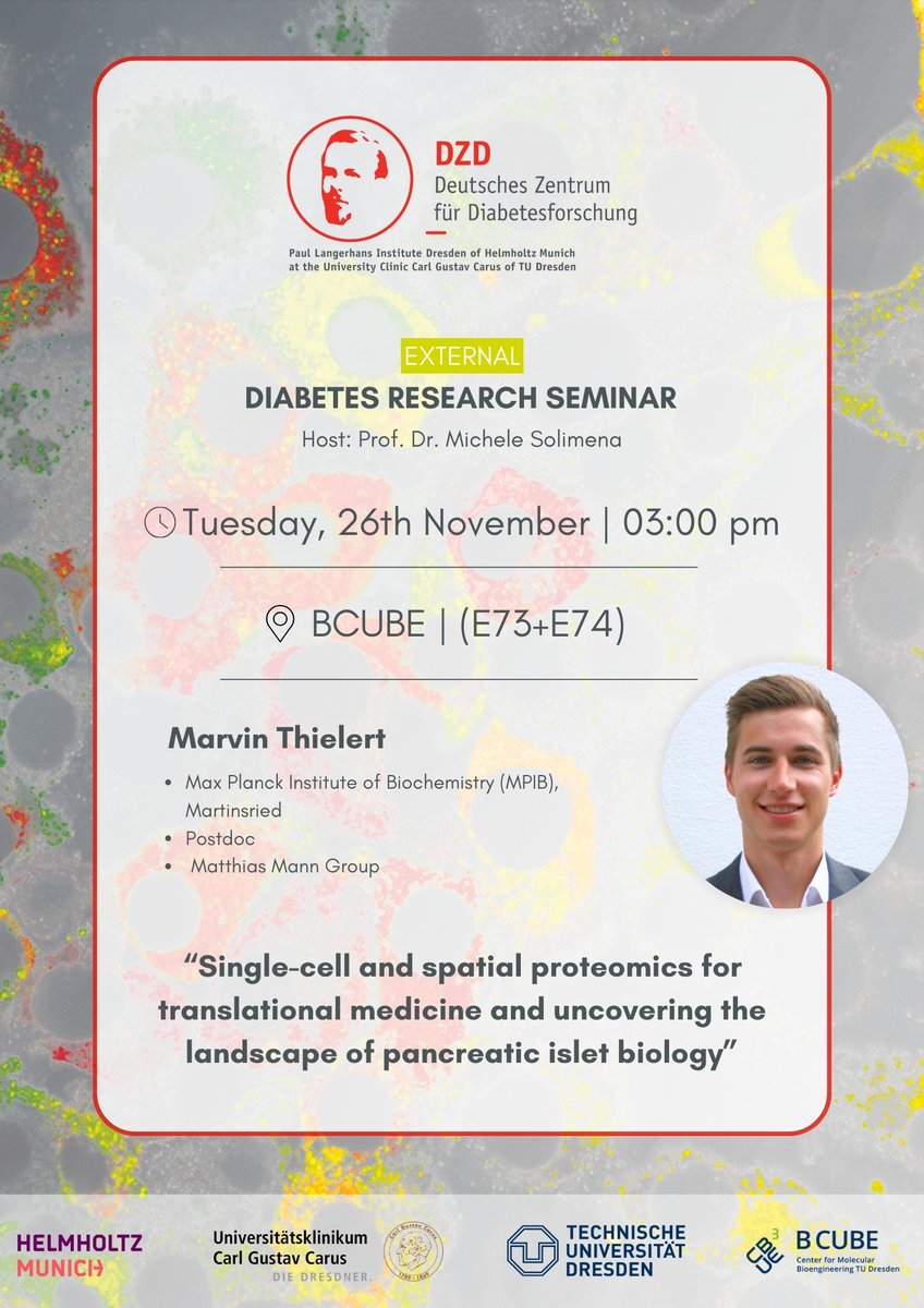 Paul Langerhans Institute Dresden - PLID (@plid_info) on Twitter photo Join us for our next #ExternalDiabetesSeminar on single-cell & spatial proteomics! Marvin Thielert from the <a href="/labs_mann/">Matthias Mann Lab</a> at <a href="/MPI_Biochem/">Max Planck Institute of Biochemistry (MPIB)</a> will speak on Nov 26 at 3pm. Learn about the latest advancements in translational medicine & pancreatic islet biology!
t1p.de/l3a6v Join us for our next #ExternalDiabetesSeminar on single-cell & spatial proteomics! Marvin Thielert from the <a href="/labs_mann/">Matthias Mann Lab</a> at <a href="/MPI_Biochem/">Max Planck Institute of Biochemistry (MPIB)</a> will speak on Nov 26 at 3pm. Learn about the latest advancements in translational medicine & pancreatic islet biology!
t1p.de/l3a6v