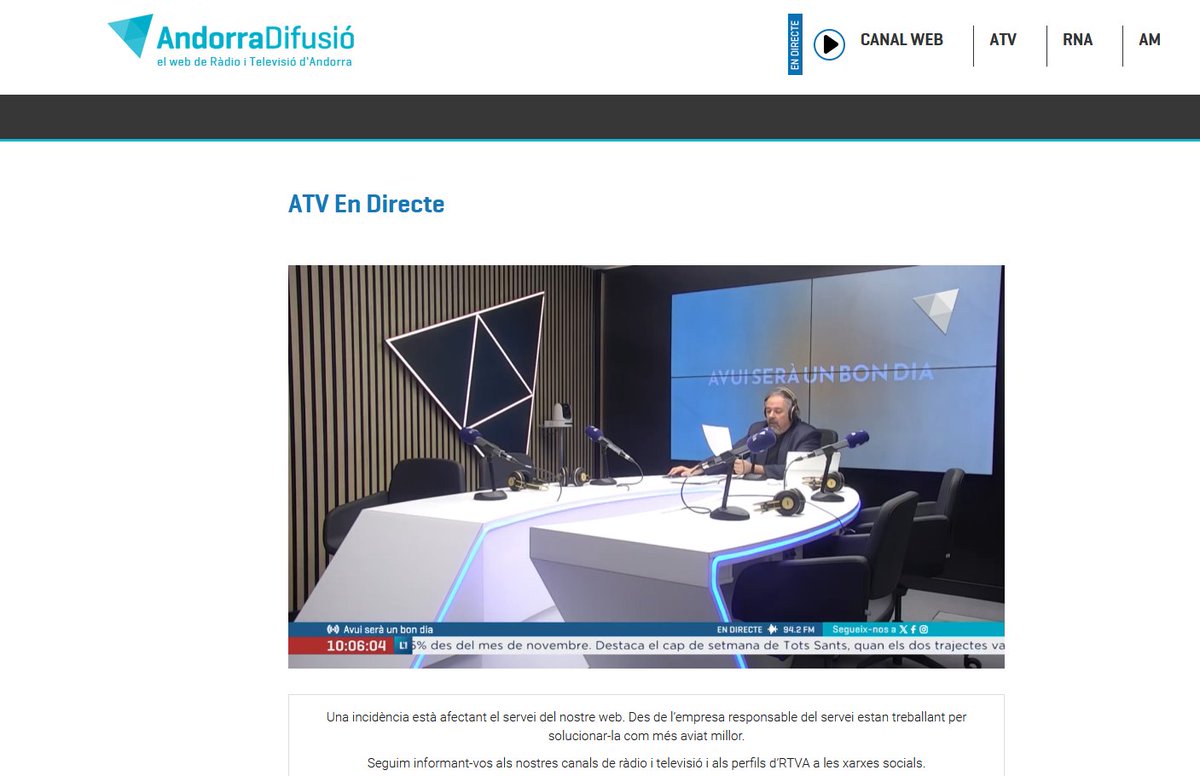 rtvandorra's tweet photo. 🔴ATENCIÓ ‼️

🔛 Les emissions dels diferents canals de @rtvandorra ja estan disponibles 

📺📻📲A través d'https://t.co/klszZHyiwp, ja pots escoltar RNA i AM i també veure #endirecte ATV i el Canal WEB

🔧L'empresa proveïdora continua treballant per resoldre la incidència https://t.co/ztNFI2PBF3